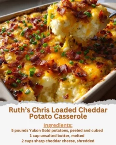Delicious loaded cheddar potato casserole from Ruth's Chris, topped with cheese and flavor.