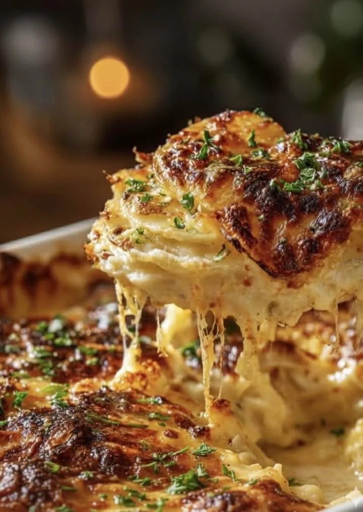 Delicious Ruth's Chris style potatoes au gratin served in a baking dish.