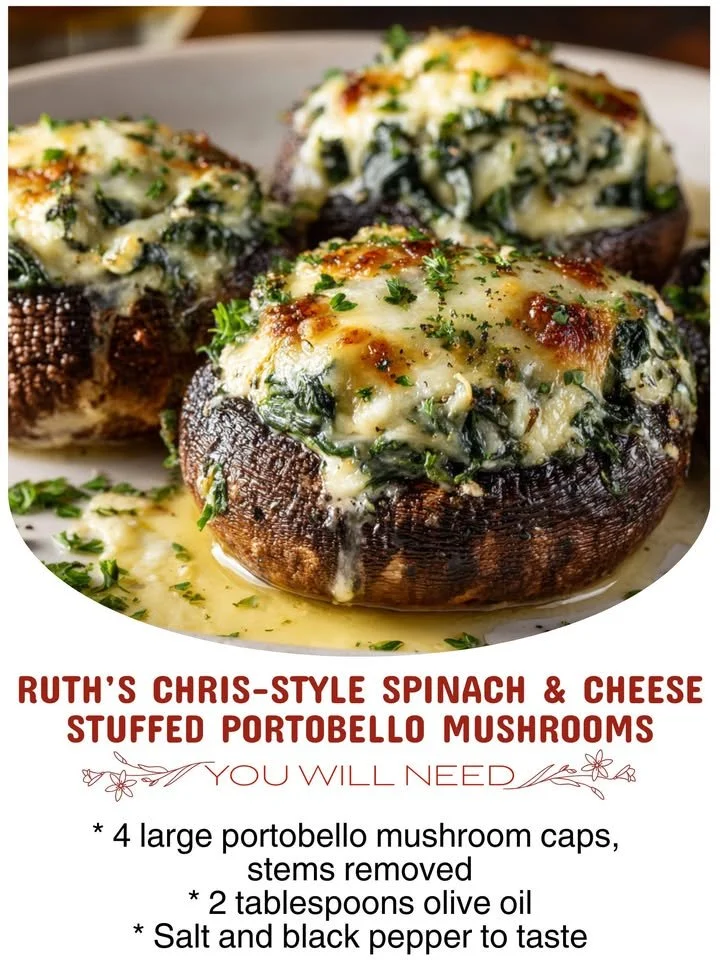 Ruth's Chris-style spinach and cheese stuffed portobello mushrooms on a plate