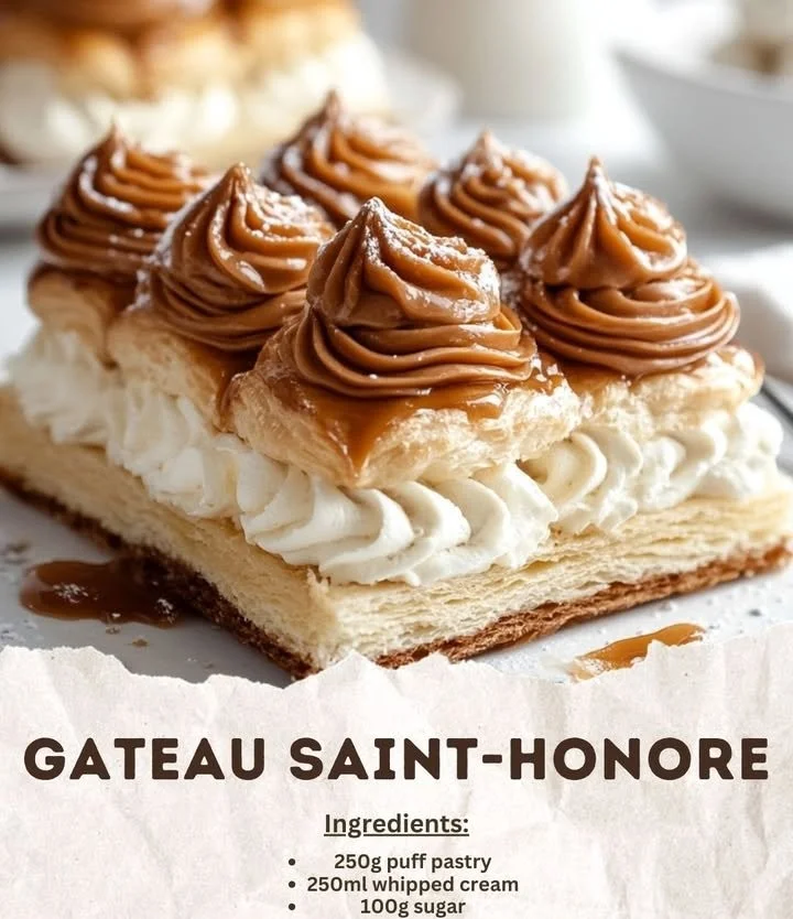 Delicious Saint-Honoré Cake topped with cream and pastry puffs.