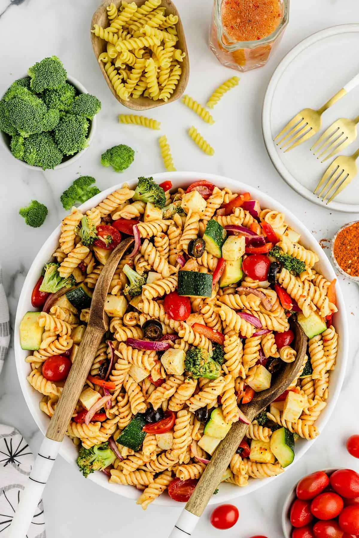 Colorful Salad Supreme Pasta Salad with fresh vegetables and dressing