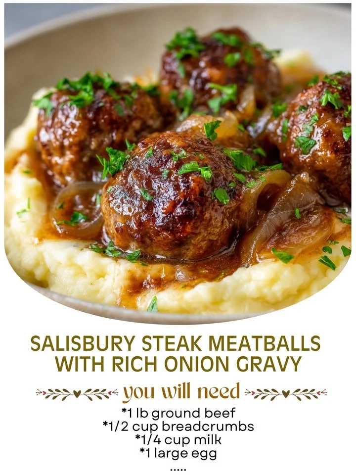 Delicious Salisbury steak meatballs with rich onion gravy on a plate