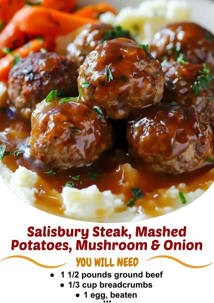 Delicious Salisbury Steak with garlic mashed potatoes and mushroom onion gravy