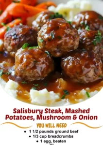 Salisbury steak with garlic mashed potatoes and mushroom onion gravy