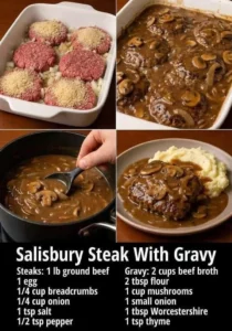 Delicious Salisbury steak topped with savory onion gravy on a plate.