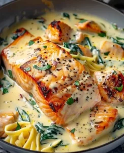 Delicious Salmon Florentine with cream sauce and spinach