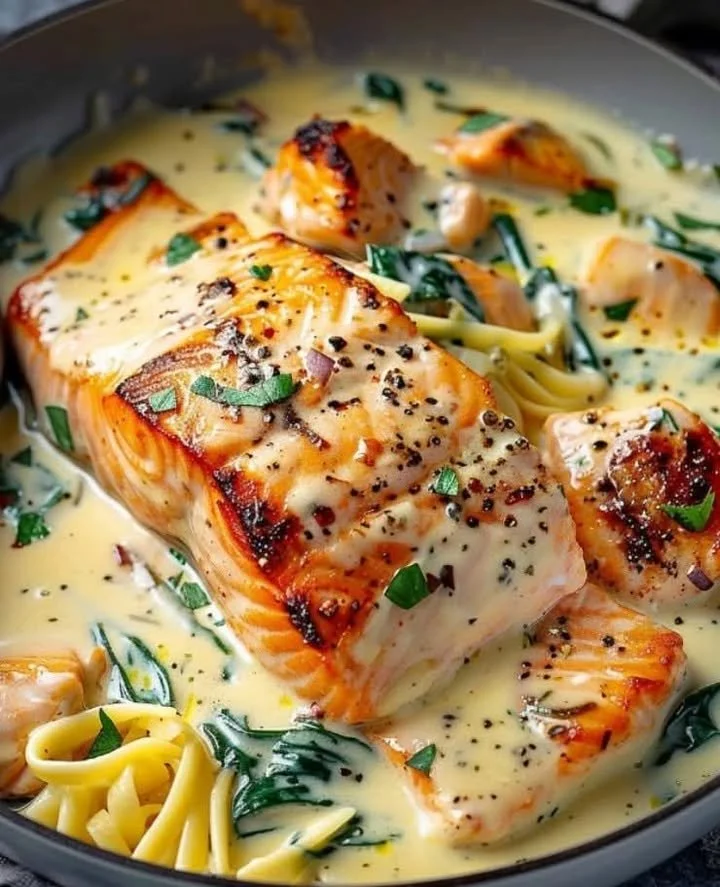 Delicious Salmon Florentine with cream sauce and spinach