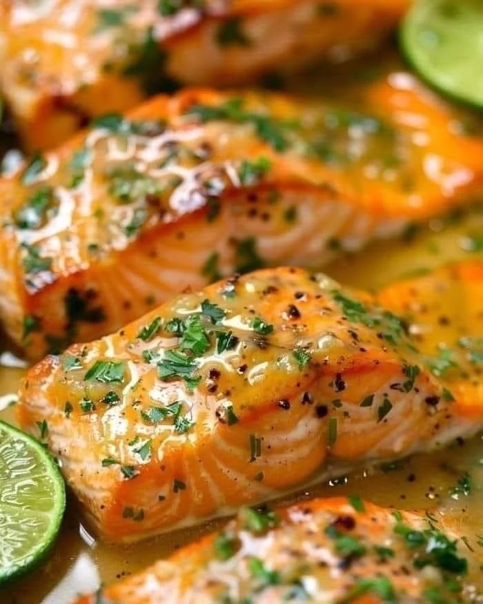 Delicious salmon recipe served with herbs and lemon on a plate