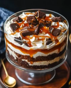 Salted caramel brownie cheesecake trifle with layers of chocolate and cheesecake.