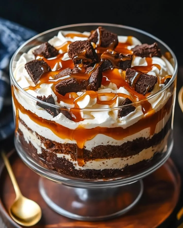 Salted caramel brownie cheesecake trifle with layers of chocolate and cheesecake.