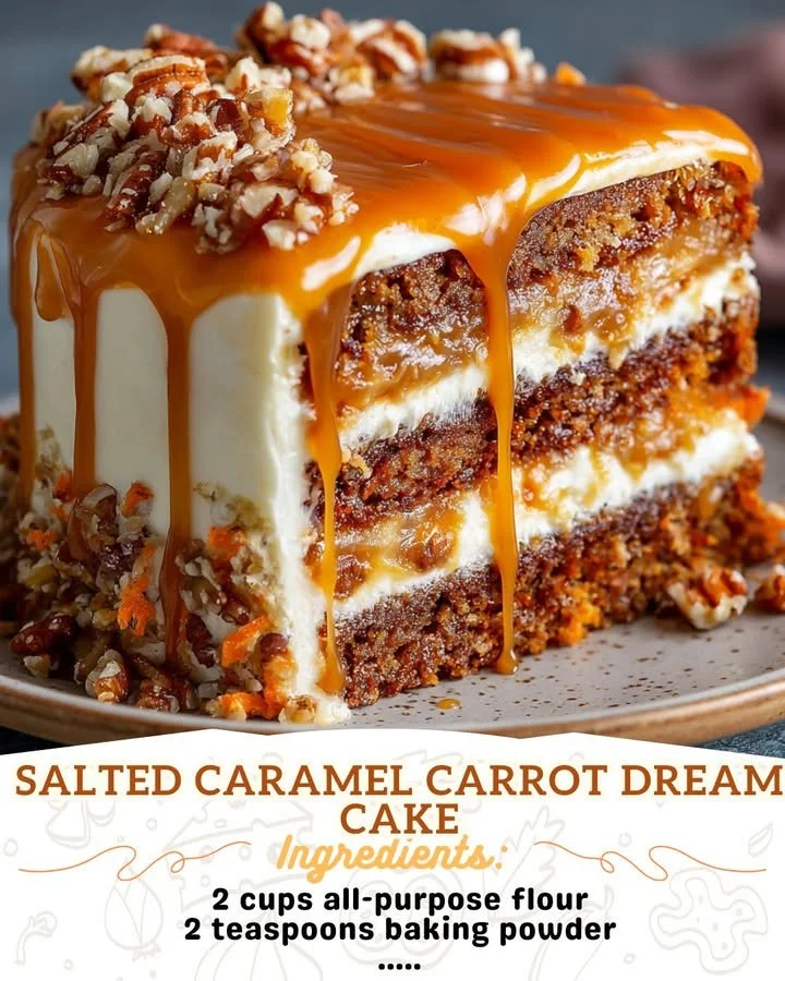 Salted Caramel Carrot Dream Cake topped with caramel drizzles and walnuts