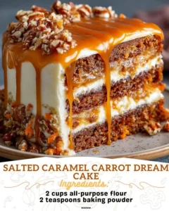 Slice of salted caramel carrot cake with cream cheese frosting