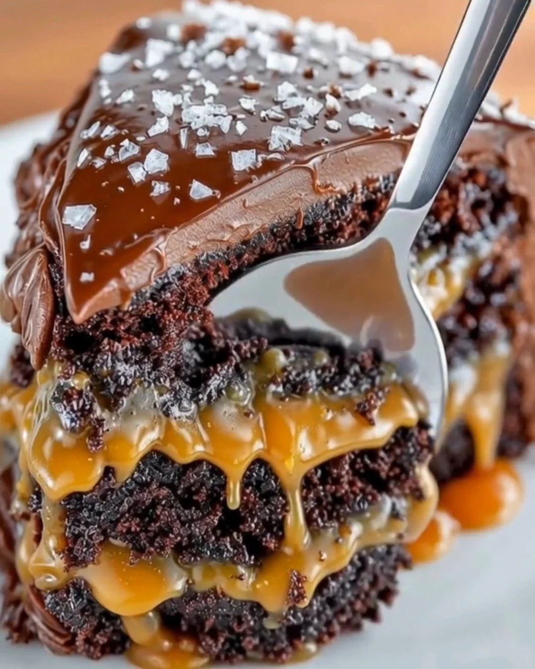 Delicious Salted Caramel Chocolate Cake topped with rich frosting and caramel drizzle