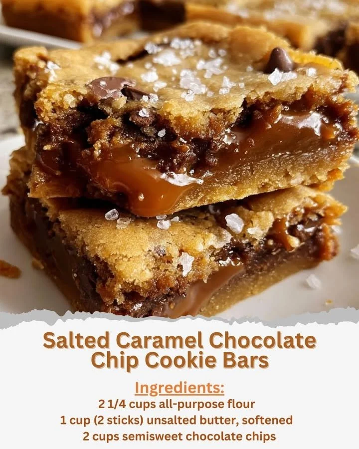 Delicious salted caramel chocolate chip cookie bars fresh out of the oven
