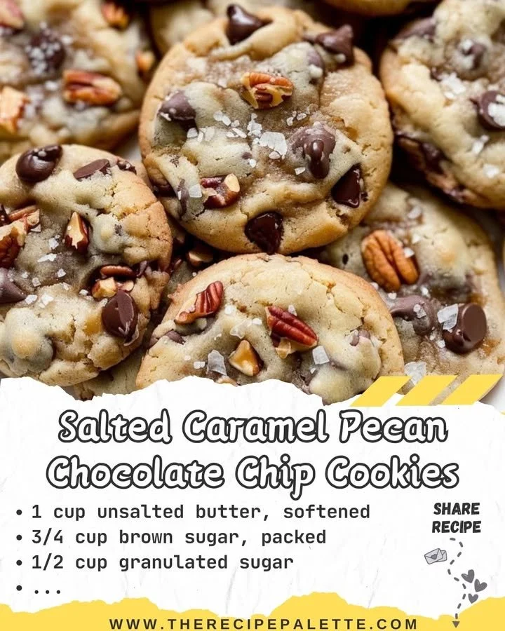 Salted caramel pecan chocolate chip cookies stacked on a plate