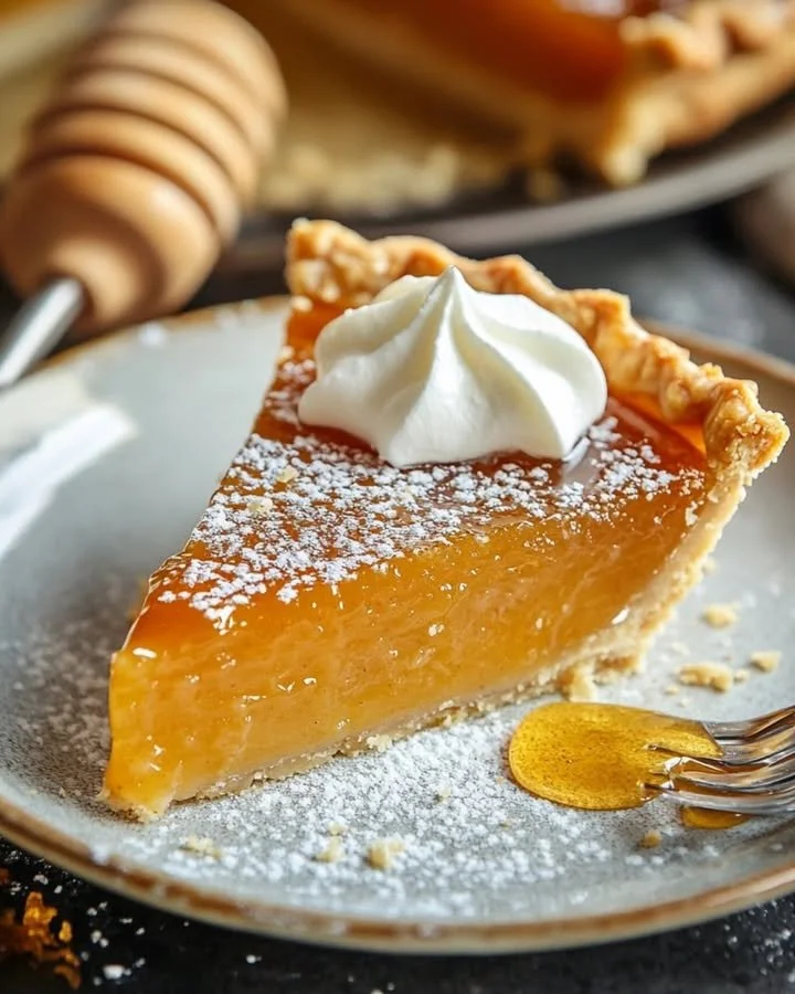 A delicious slice of Salted Honey Pie on a rustic plate