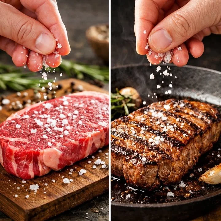 Salting meat for flavor enhancement before or after cooking.