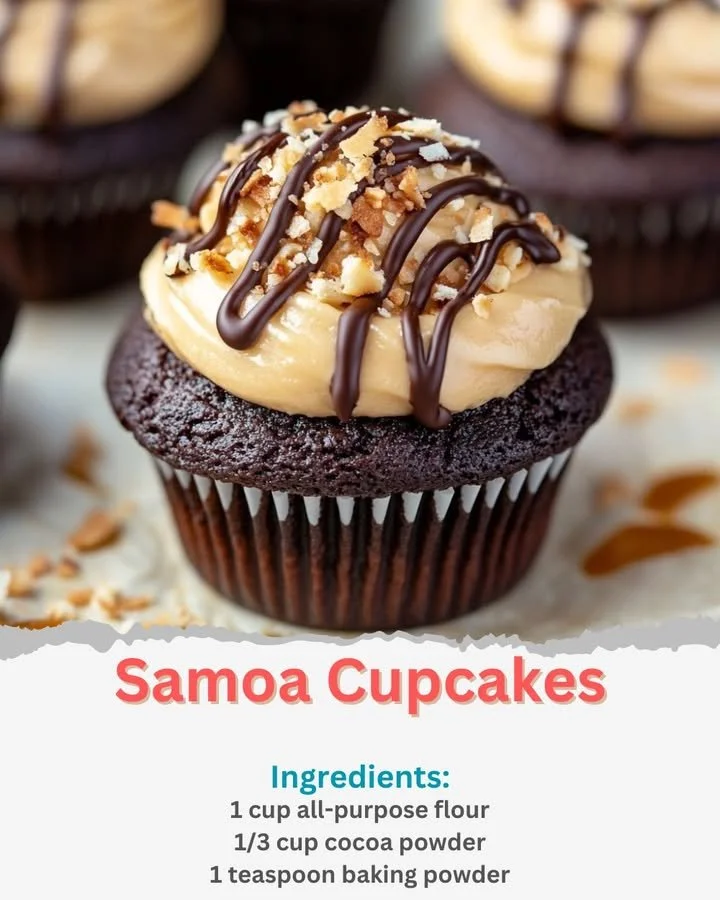 Delicious Samoa Cupcakes topped with chocolate, coconut, and caramel drizzle