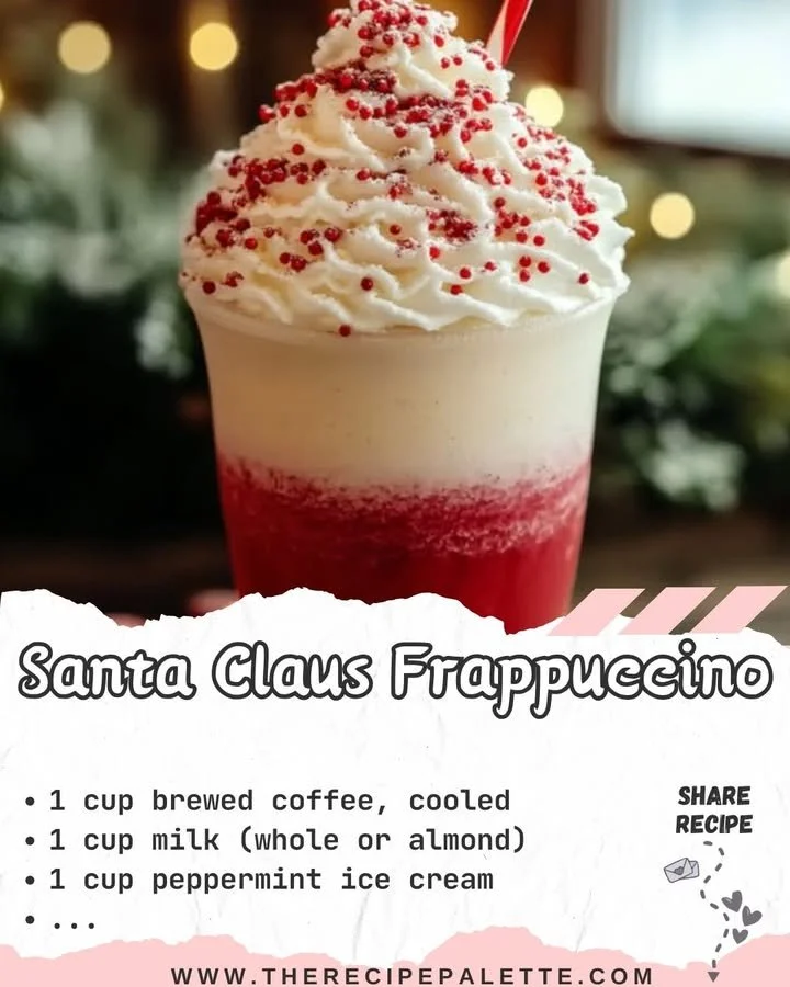 Delicious Santa Claus Frappuccino topped with whipped cream and holiday sprinkles.