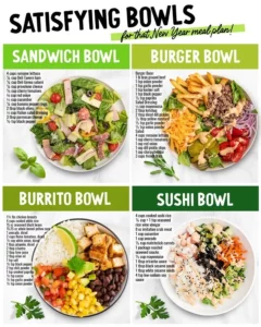 Colorful and delicious satisfying bowls filled with fresh ingredients and flavors