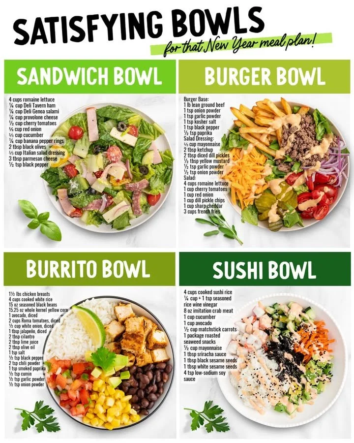 Colorful and delicious satisfying bowls filled with fresh ingredients and flavors
