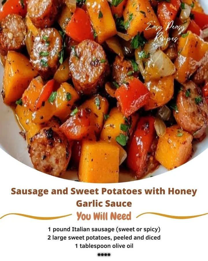 Sausage and sweet potatoes with honey garlic sauce on a plate