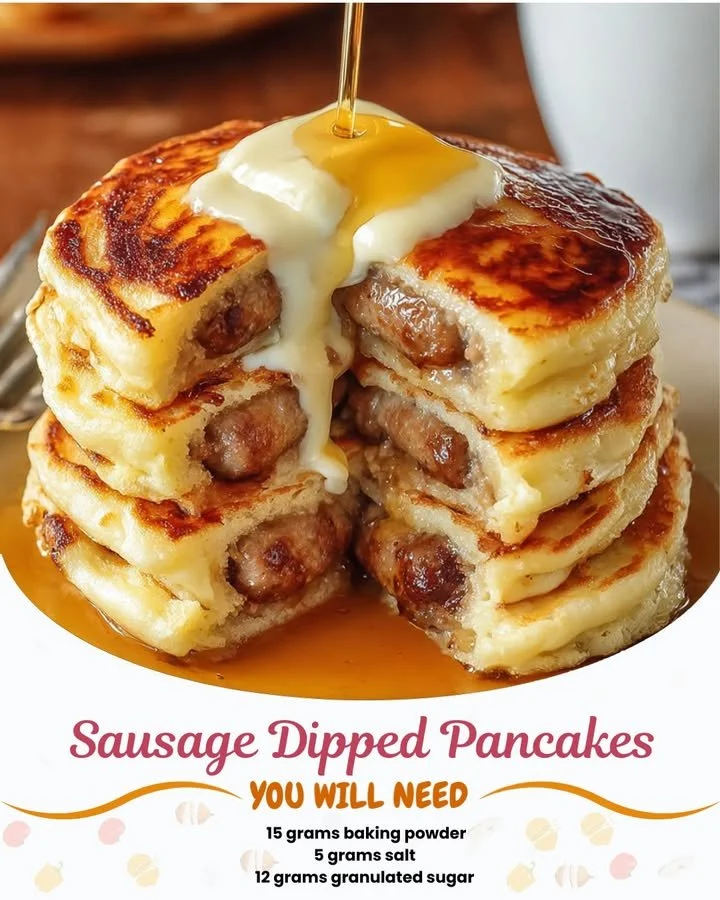 Delicious Sausage Dipped Pancakes served on a plate with syrup