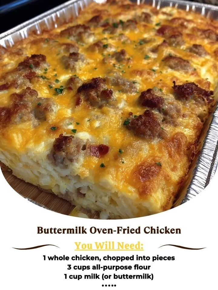 Delicious Sausage, Egg, and Cream Cheese Hashbrown Casserole served in a baking dish.