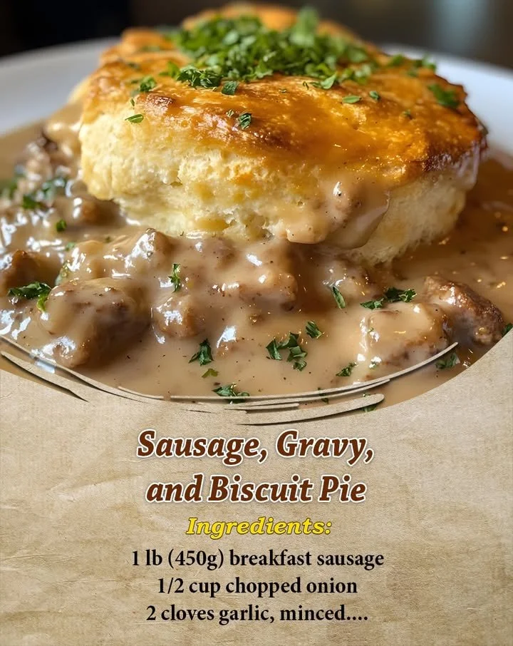Sausage, Gravy, and Biscuit Pie presented on a rustic table.