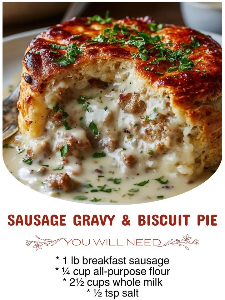 Sausage Gravy & Biscuit Pie served on a plate with a side of greens