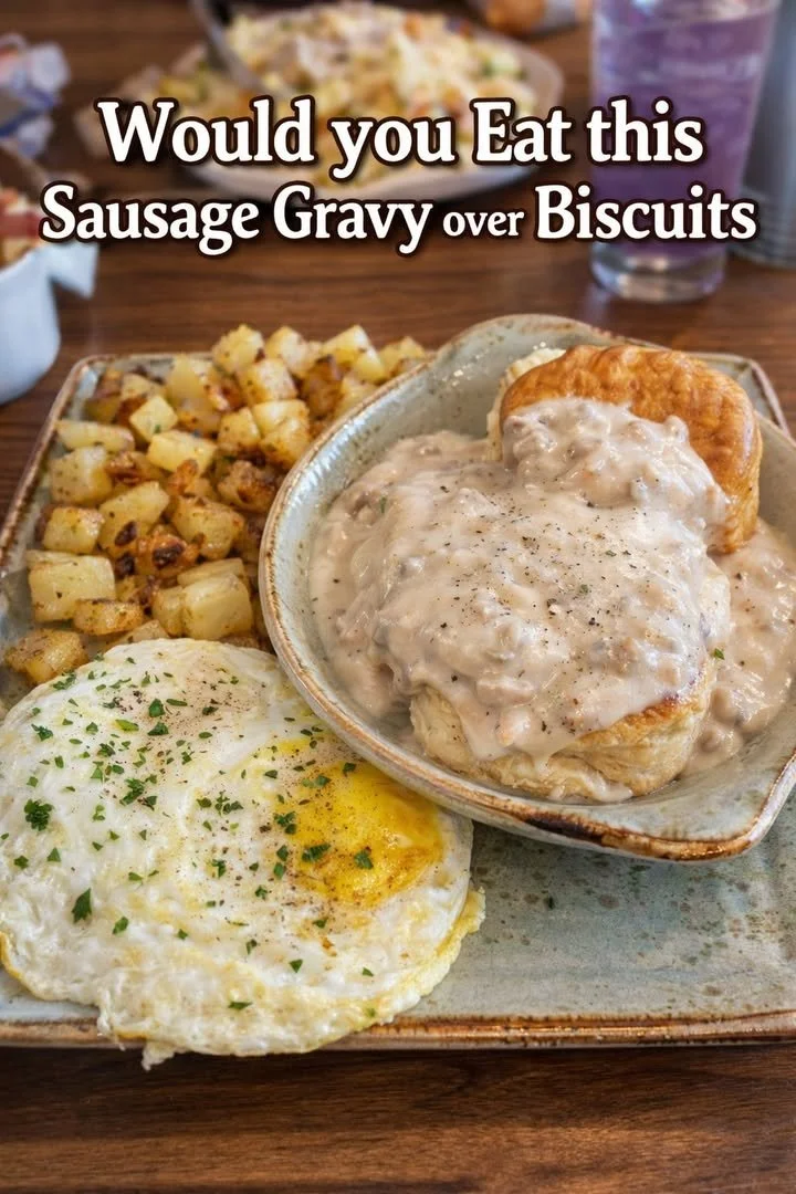 Delicious sausage gravy poured over warm, flaky biscuits for breakfast