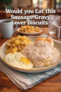 Delicious sausage gravy served over warm biscuits