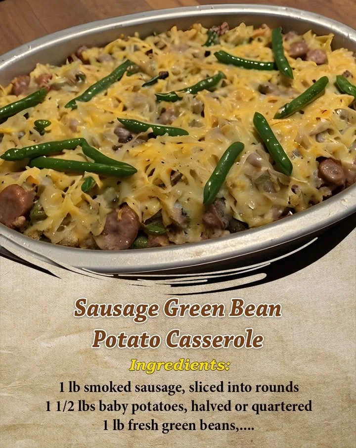Sausage green bean potato casserole in a baking dish, ready to serve.