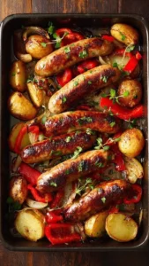 Delicious sausage bake with peppers, onions, and potatoes in a dish