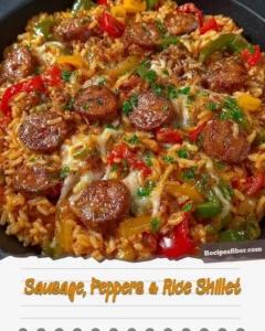 Sausage Peppers Rice Skillet with colorful peppers and hearty sausage in a skillet