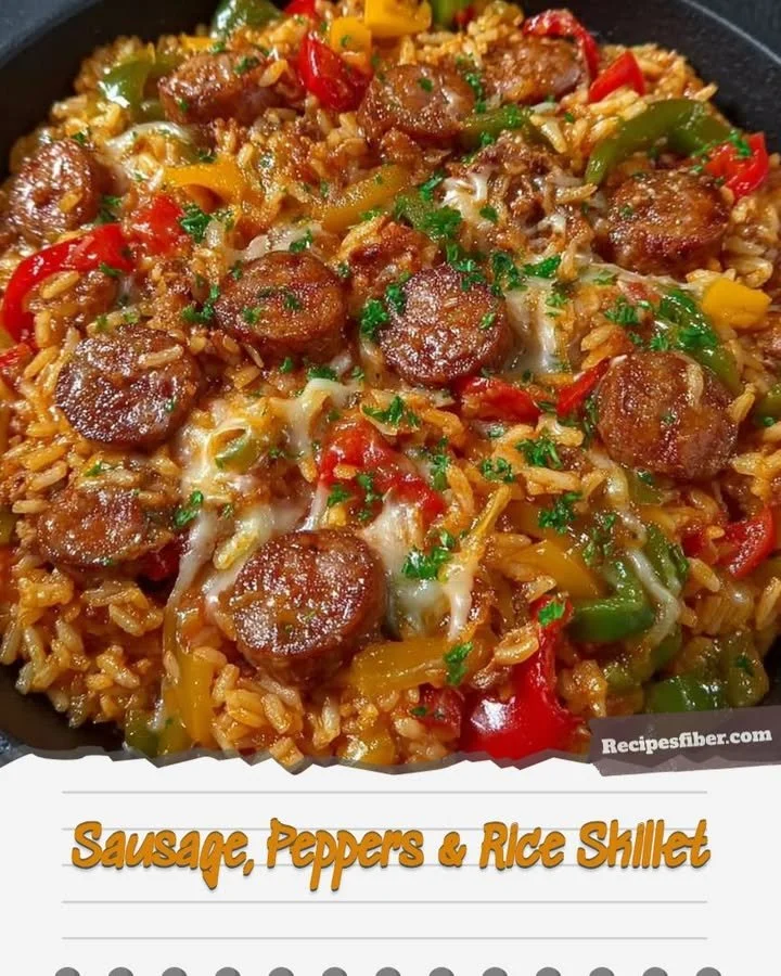 Sausage Peppers Rice Skillet with colorful peppers and hearty sausage in a skillet