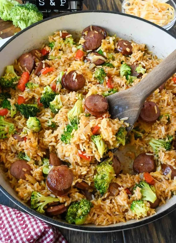 Sausage Rice Skillet with seasoned sausage and colorful vegetables