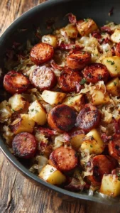 Sausage, sauerkraut, and potatoes dish served in a bowl