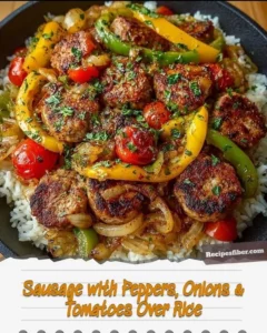 Delicious sausage with peppers, onions, and tomatoes served over rice