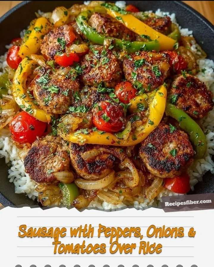 Sausage with peppers, onions, and tomatoes served over rice.