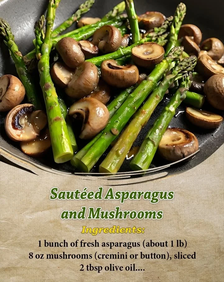 Delicious sautéed asparagus and mushrooms served in a skillet