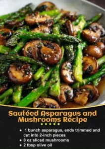 Plate of sautéed asparagus and mushrooms garnished with herbs