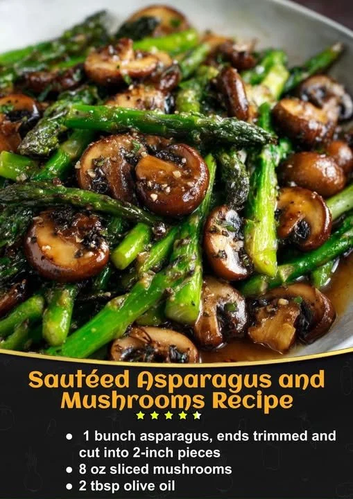 Plate of sautéed asparagus and mushrooms garnished with herbs