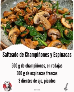 Sautéed mushrooms and spinach sautéed together in a skillet