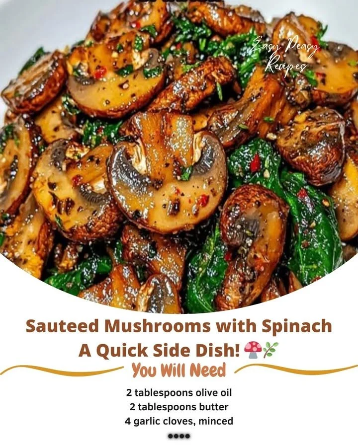 Sautéed mushrooms with spinach served in a bowl garnished with herbs