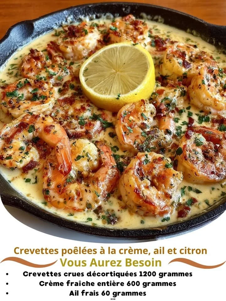 Sautéed shrimp in creamy garlic sauce with lemon on a plate