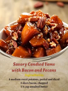 Savory candied yams topped with bacon and pecans on a serving plate.