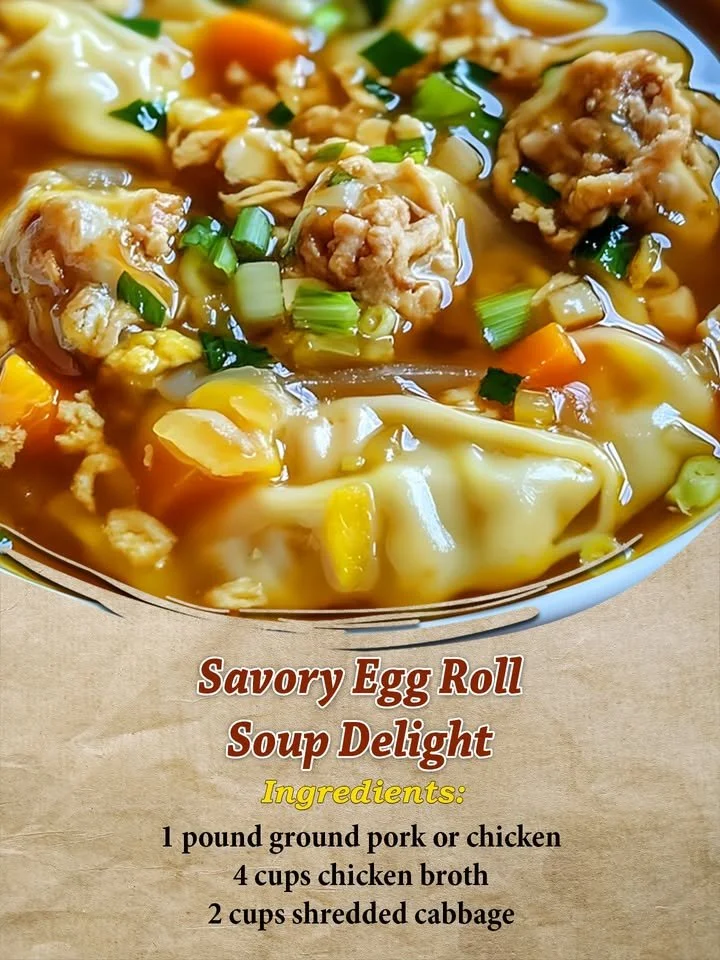 Bowl of savory egg roll soup topped with green onions and sesame seeds