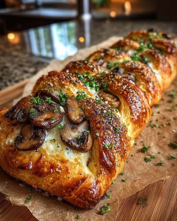 Savory mushroom and swiss cheese puff pastry braid on a wooden board