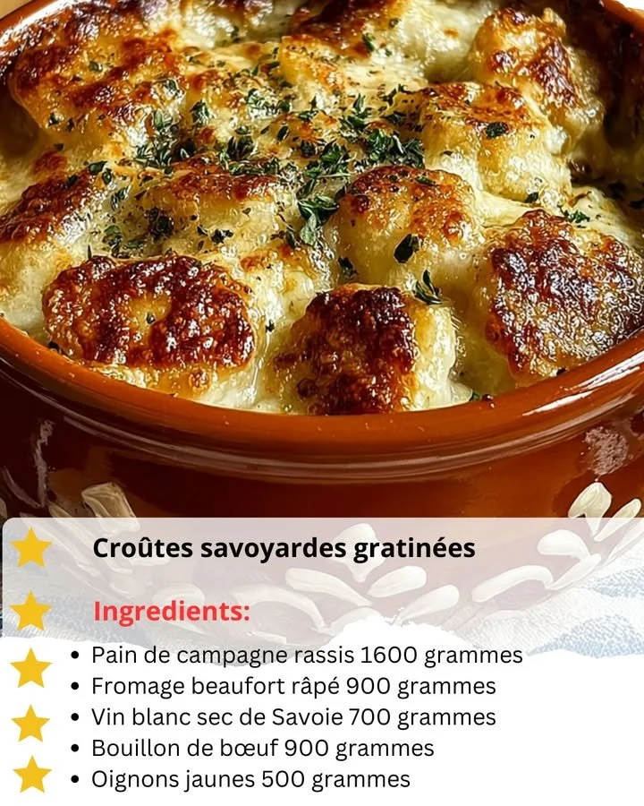 Plate of Savoyard Crusts au Gratin topped with melted cheese and herbs